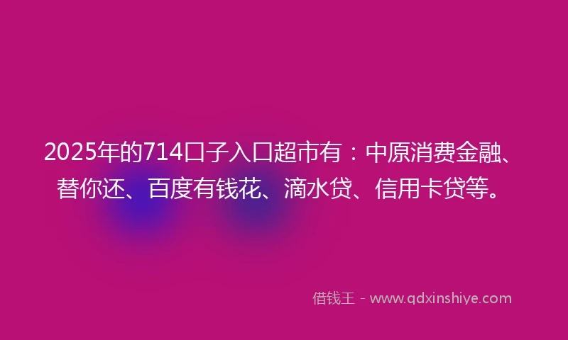 2025年的714口子入口超市有：中原消费金融、替你还、百度有钱花、滴水贷、信用卡贷等。