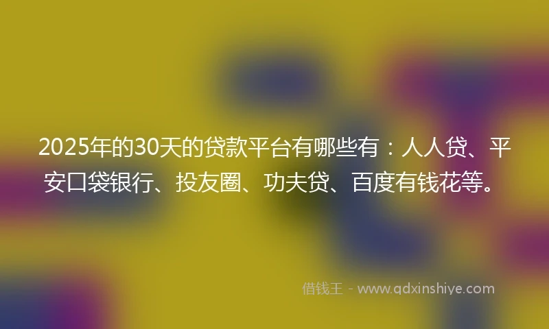 2025年的30天的贷款平台有哪些有：人人贷、平安口袋银行、投友圈、功夫贷、百度有钱花等。