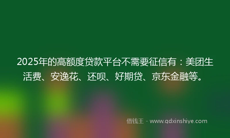 2025年的高额度贷款平台不需要征信有：美团生活费、安逸花、还呗、好期贷、京东金融等。
