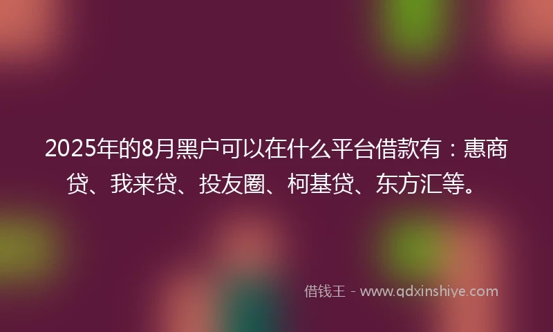 2025年的8月黑户可以在什么平台借款有：惠商贷、我来贷、投友圈、柯基贷、东方汇等。