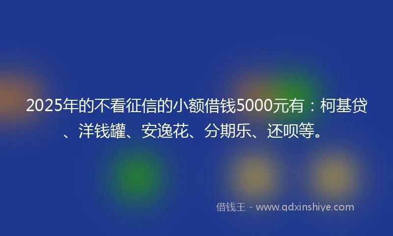 2025年的不看征信的小额借钱5000元有：柯基贷、洋钱罐、安逸花、分期乐、还呗等。