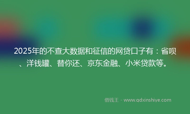 2025年的不查大数据和征信的网贷口子有：省呗、洋钱罐、替你还、京东金融、小米贷款等。