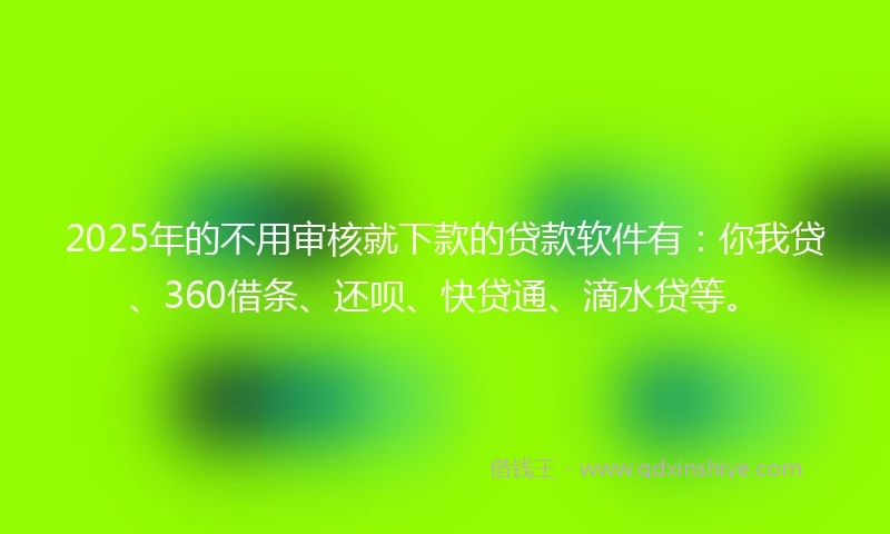 2025年的不用审核就下款的贷款软件有：你我贷、360借条、还呗、快贷通、滴水贷等。