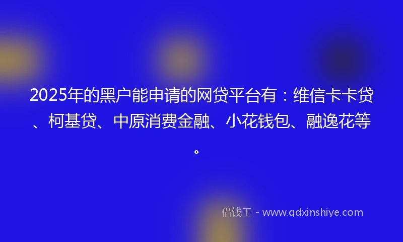 2025年的黑户能申请的网贷平台有：维信卡卡贷、柯基贷、中原消费金融、小花钱包、融逸花等。