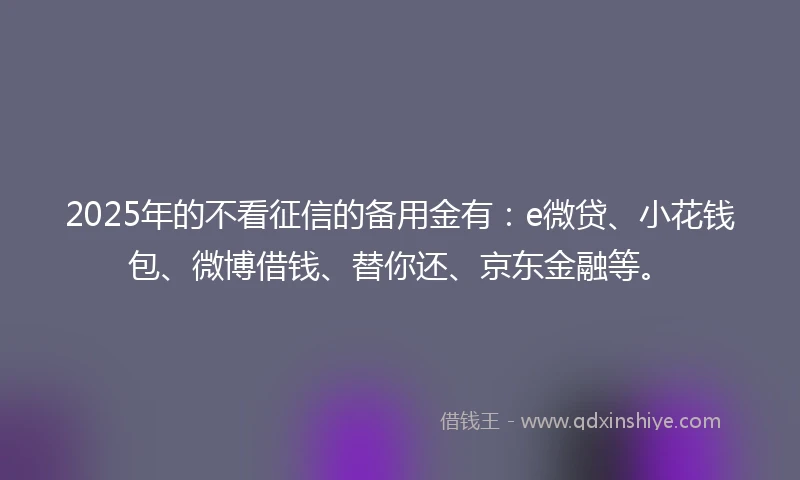 2025年的不看征信的备用金有：e微贷、小花钱包、微博借钱、替你还、京东金融等。