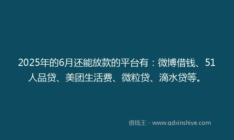 2025年的6月还能放款的平台有：微博借钱、51人品贷、美团生活费、微粒贷、滴水贷等。