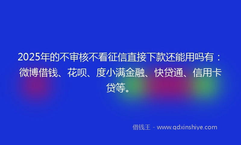 2025年的不审核不看征信直接下款还能用吗有：微博借钱、花呗、度小满金融、快贷通、信用卡贷等。