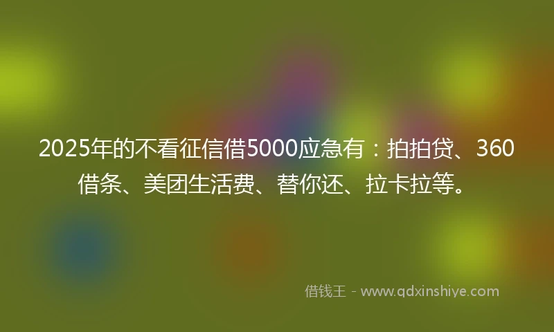 2025年的不看征信借5000应急有：拍拍贷、360借条、美团生活费、替你还、拉卡拉等。