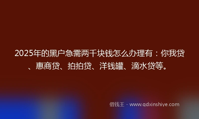 2025年的黑户急需两千块钱怎么办理有：你我贷、惠商贷、拍拍贷、洋钱罐、滴水贷等。
