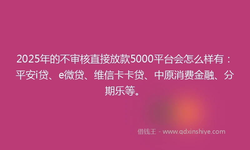 2025年的不审核直接放款5000平台会怎么样有：平安i贷、e微贷、维信卡卡贷、中原消费金融、分期乐等。