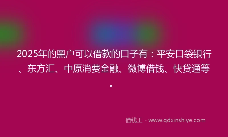 2025年的黑户可以借款的口子有：平安口袋银行、东方汇、中原消费金融、微博借钱、快贷通等。