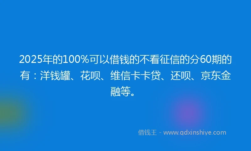2025年的100%可以借钱的不看征信的分60期的有：洋钱罐、花呗、维信卡卡贷、还呗、京东金融等。