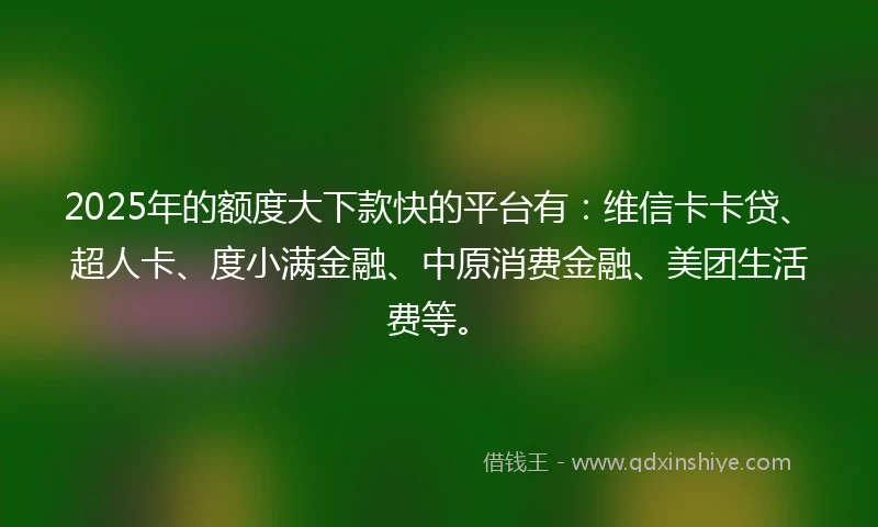2025年的额度大下款快的平台有：维信卡卡贷、超人卡、度小满金融、中原消费金融、美团生活费等。