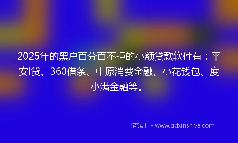 2025年的黑户百分百不拒的小额贷款软件有：平安i贷、360借条、中原消费金融、小花钱包、度小满金融等。