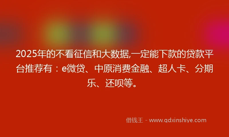 2025年的不看征信和大数据,一定能下款的贷款平台推荐有：e微贷、中原消费金融、超人卡、分期乐、还呗等。