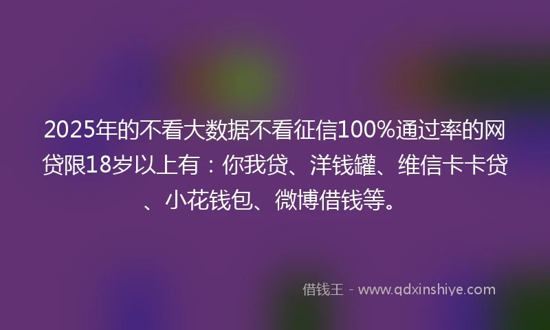 2025年的不看大数据不看征信100%通过率的网贷限18岁以上有:你我贷、洋钱罐、维信卡卡贷、小花钱包、微博借钱等。