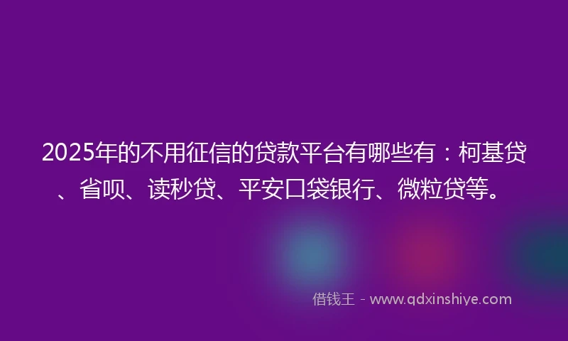 2025年的不用征信的贷款平台有哪些有:柯基贷、省呗、读秒贷、平安口袋银行、微粒贷等。