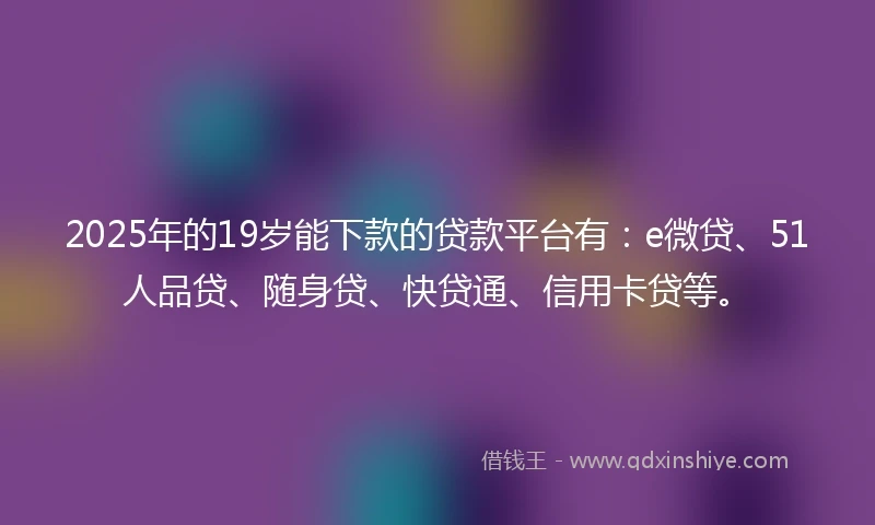 2025年的19岁能下款的贷款平台有：e微贷、51人品贷、随身贷、快贷通、信用卡贷等。
