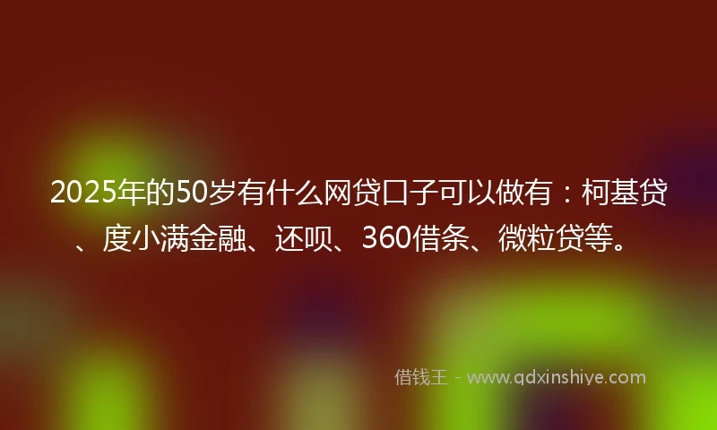 2025年的50岁有什么网贷口子可以做有：柯基贷、度小满金融、还呗、360借条、微粒贷等。
