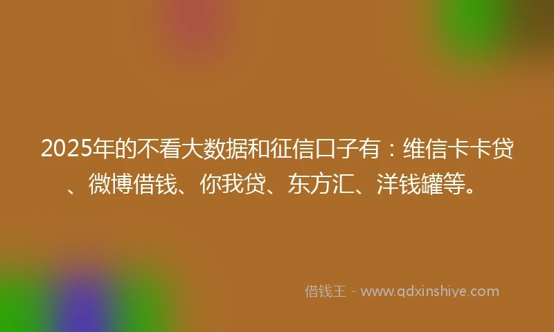 2025年的不看大数据和征信口子有：维信卡卡贷、微博借钱、你我贷、东方汇、洋钱罐等。