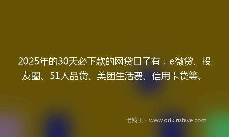 2025年的30天必下款的网贷口子有:e微贷、投友圈、51人品贷、美团生活费、信用卡贷等。