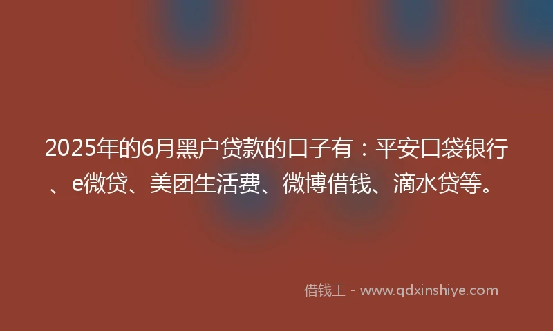 2025年的6月黑户贷款的口子有：平安口袋银行、e微贷、美团生活费、微博借钱、滴水贷等。
