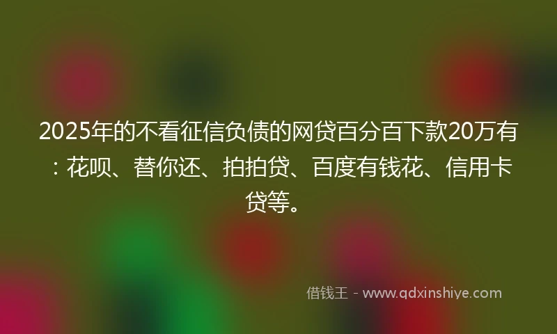 2025年的不看征信负债的网贷百分百下款20万有：花呗、替你还、拍拍贷、百度有钱花、信用卡贷等。