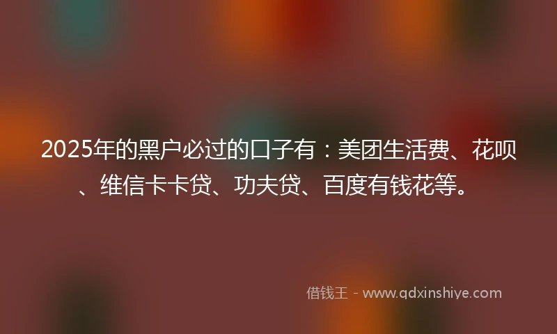2025年的黑户必过的口子有：美团生活费、花呗、维信卡卡贷、功夫贷、百度有钱花等。