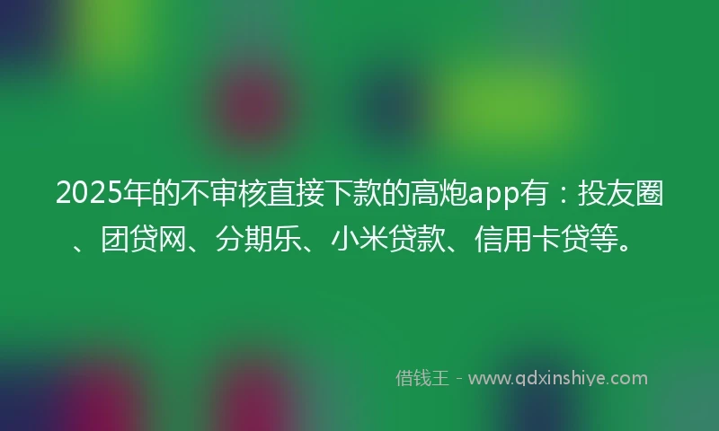 2025年的不审核直接下款的高炮app有：投友圈、团贷网、分期乐、小米贷款、信用卡贷等。