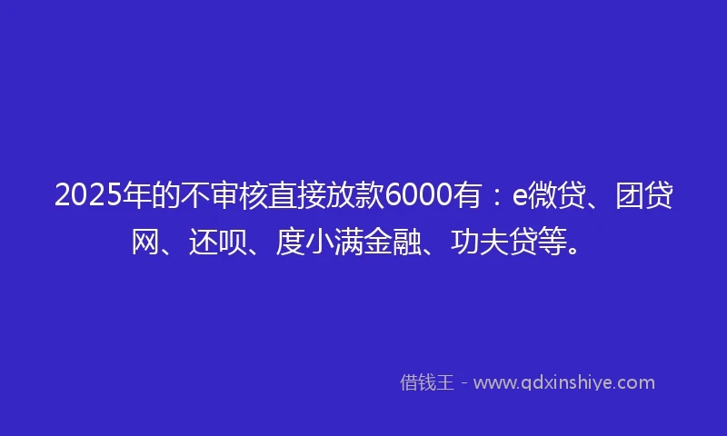 2025年的不审核直接放款6000有：e微贷、团贷网、还呗、度小满金融、功夫贷等。