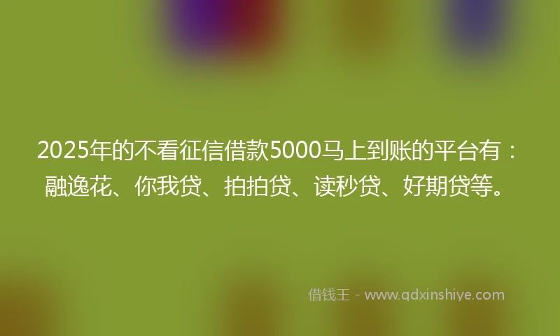 2025年的不看征信借款5000马上到账的平台有：融逸花、你我贷、拍拍贷、读秒贷、好期贷等。