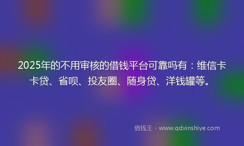 2025年的不用审核的借钱平台可靠吗有:维信卡卡贷、省呗、投友圈、随身贷、洋钱罐等。