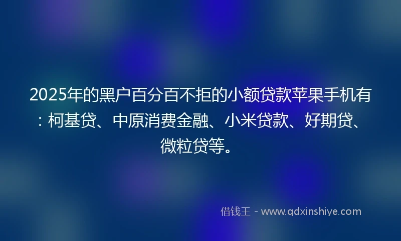 2025年的黑户百分百不拒的小额贷款苹果手机有：柯基贷、中原消费金融、小米贷款、好期贷、微粒贷等。