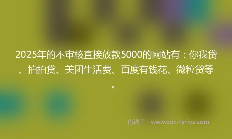 2025年的不审核直接放款5000的网站有:你我贷、拍拍贷、美团生活费、百度有钱花、微粒贷等。