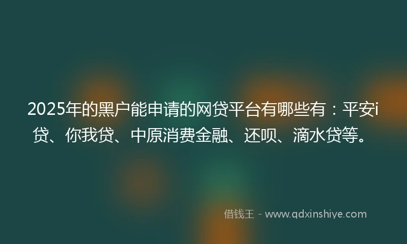 2025年的黑户能申请的网贷平台有哪些有：平安i贷、你我贷、中原消费金融、还呗、滴水贷等。