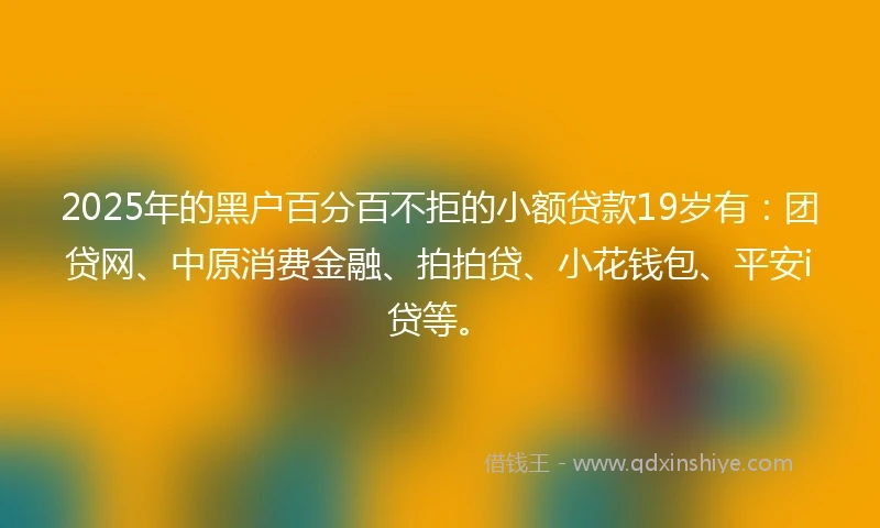 2025年的黑户百分百不拒的小额贷款19岁有：团贷网、中原消费金融、拍拍贷、小花钱包、平安i贷等。