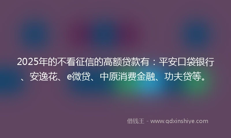 2025年的不看征信的高额贷款有：平安口袋银行、安逸花、e微贷、中原消费金融、功夫贷等。