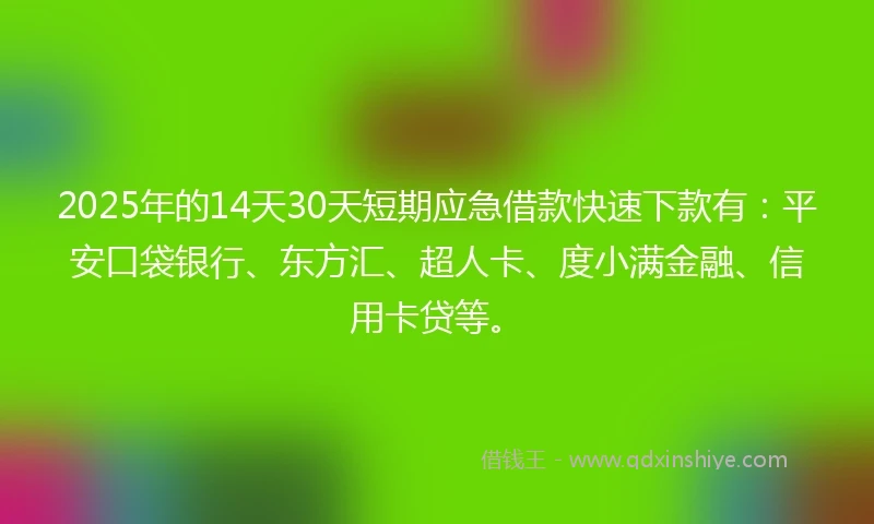 2025年的14天30天短期应急借款快速下款有：平安口袋银行、东方汇、超人卡、度小满金融、信用卡贷等。