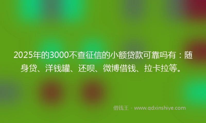 2025年的3000不查征信的小额贷款可靠吗有：随身贷、洋钱罐、还呗、微博借钱、拉卡拉等。