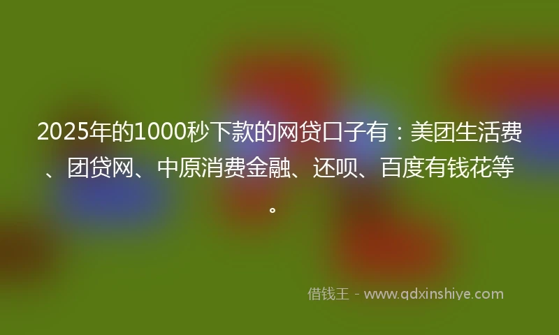 2025年的1000秒下款的网贷口子有：美团生活费、团贷网、中原消费金融、还呗、百度有钱花等。