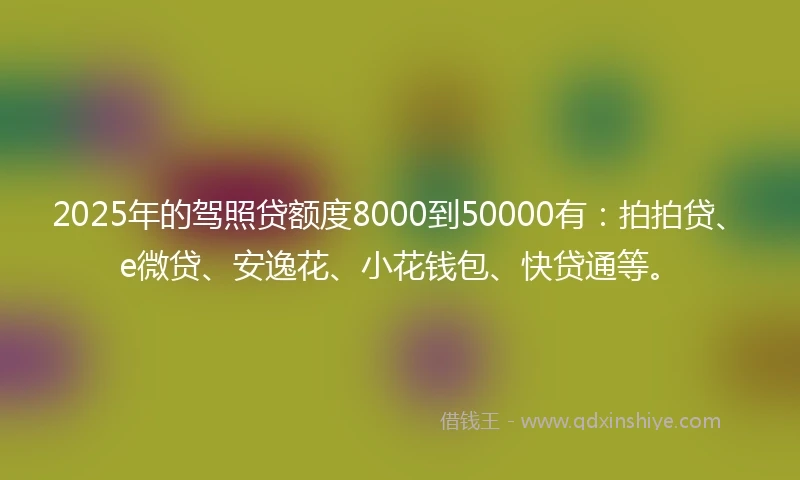 2025年的驾照贷额度8000到50000有：拍拍贷、e微贷、安逸花、小花钱包、快贷通等。