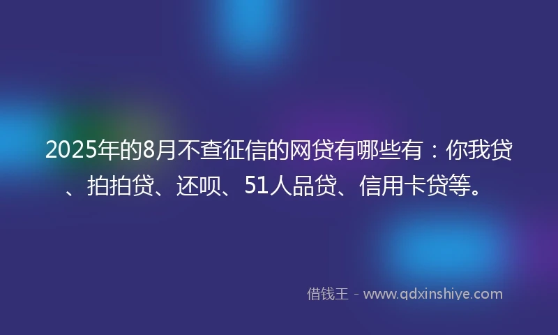 2025年的8月不查征信的网贷有哪些有：你我贷、拍拍贷、还呗、51人品贷、信用卡贷等。