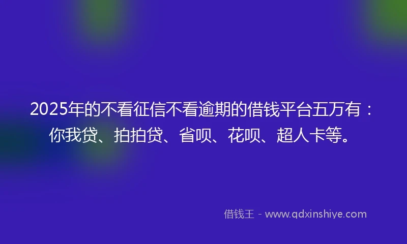 2025年的不看征信不看逾期的借钱平台五万有:你我贷、拍拍贷、省呗、花呗、超人卡等。