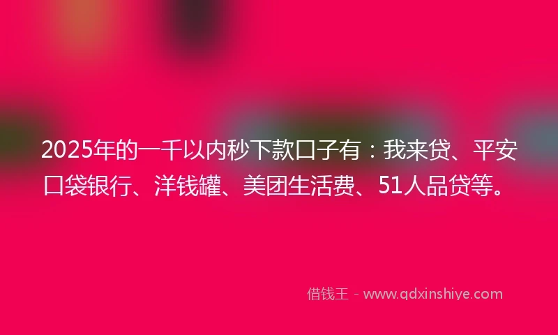 2025年的一千以内秒下款口子有：我来贷、平安口袋银行、洋钱罐、美团生活费、51人品贷等。