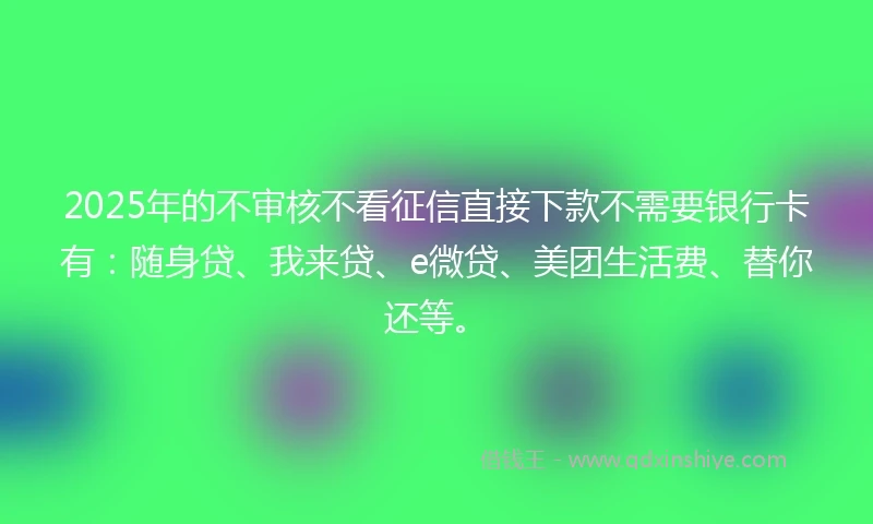2025年的不审核不看征信直接下款不需要银行卡有：随身贷、我来贷、e微贷、美团生活费、替你还等。