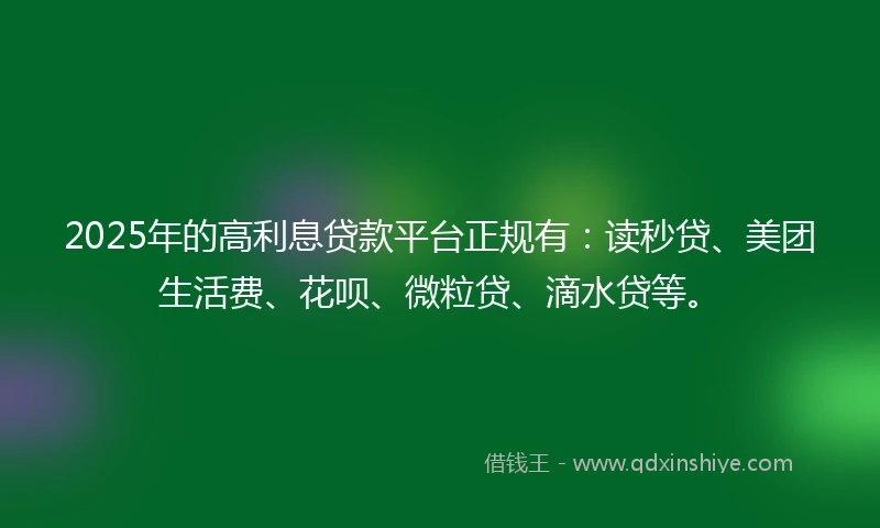 2025年的高利息贷款平台正规有：读秒贷、美团生活费、花呗、微粒贷、滴水贷等。