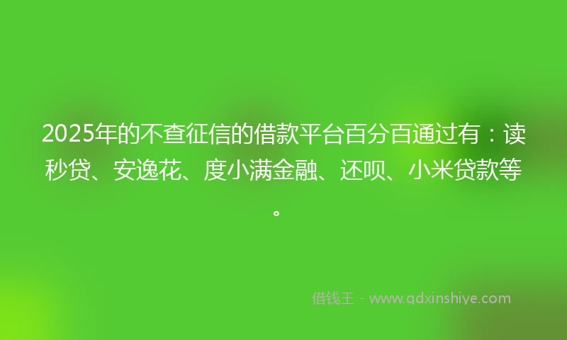 2025年的不查征信的借款平台百分百通过有：读秒贷、安逸花、度小满金融、还呗、小米贷款等。