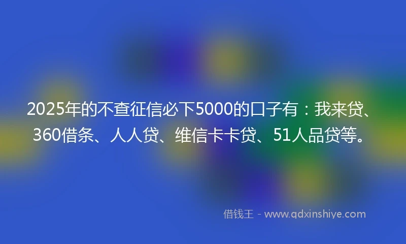 2025年的不查征信必下5000的口子有：我来贷、360借条、人人贷、维信卡卡贷、51人品贷等。