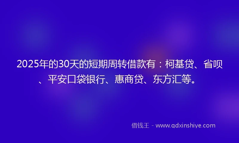 2025年的30天的短期周转借款有：柯基贷、省呗、平安口袋银行、惠商贷、东方汇等。