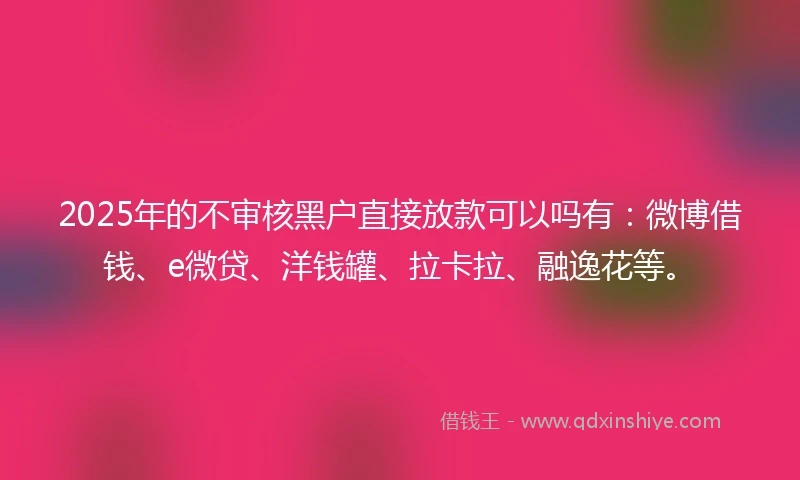 2025年的不审核黑户直接放款可以吗有：微博借钱、e微贷、洋钱罐、拉卡拉、融逸花等。